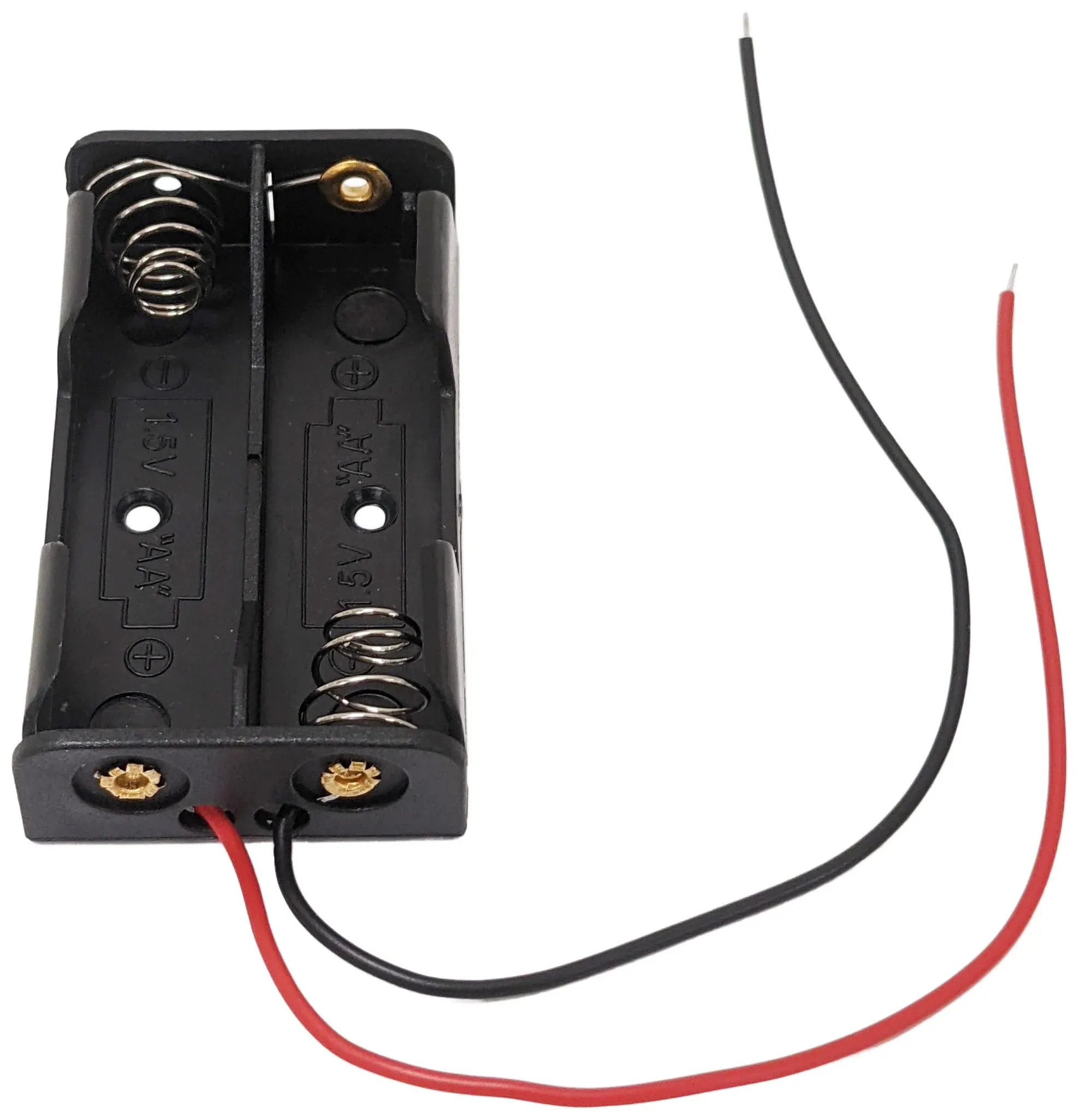 AA 2 Battery Holder with Wire Leads, Holds Two AA Batteries, 2.3" x 1.3" x 0.5", Black Lightweight Plastic