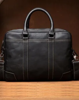 Black Leather Mens 15 inches Briefcase Laptop Side Bag Business Bags Work Bags for Men