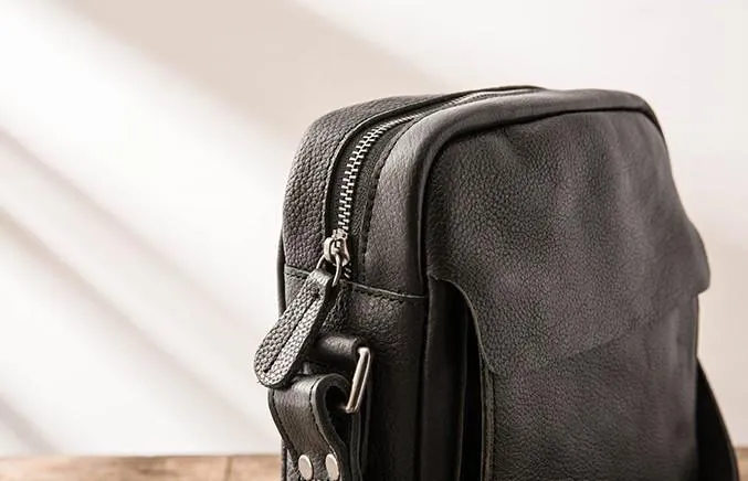 Black Small Leather Mens Shoulder Bags Messenger Bags for Men