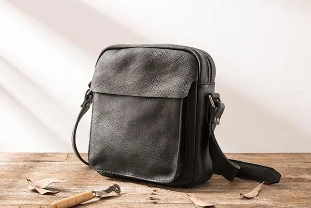 Black Small Leather Mens Shoulder Bags Messenger Bags for Men