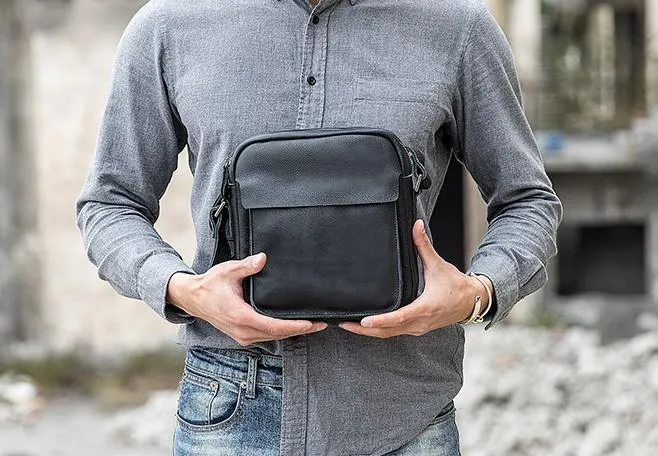 Black Small Leather Mens Shoulder Bags Messenger Bags for Men