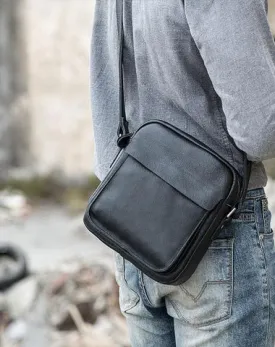 Black Small Leather Mens Shoulder Bags Messenger Bags for Men