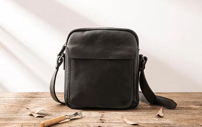 Black Small Leather Mens Shoulder Bags Messenger Bags for Men