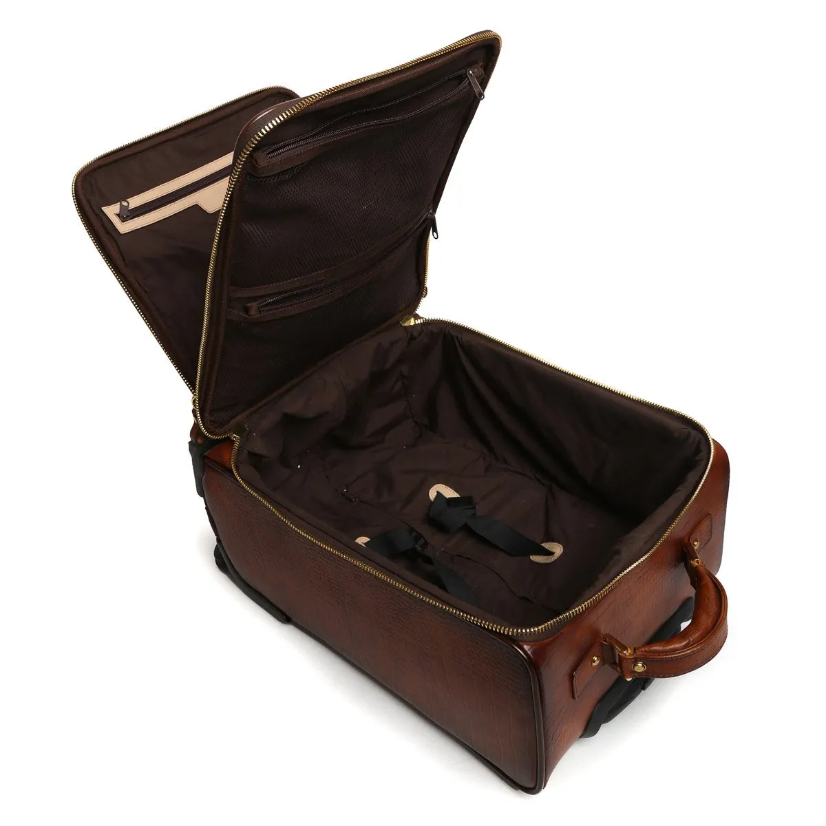 Croco Brown Quad Wheel Cabin Luggage Leather Bag With Golden Metal Zipper By Brune & Bareskin