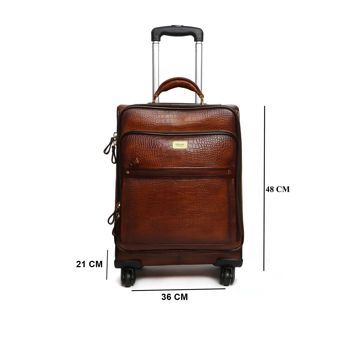 Croco Brown Quad Wheel Cabin Luggage Leather Bag With Golden Metal Zipper By Brune & Bareskin