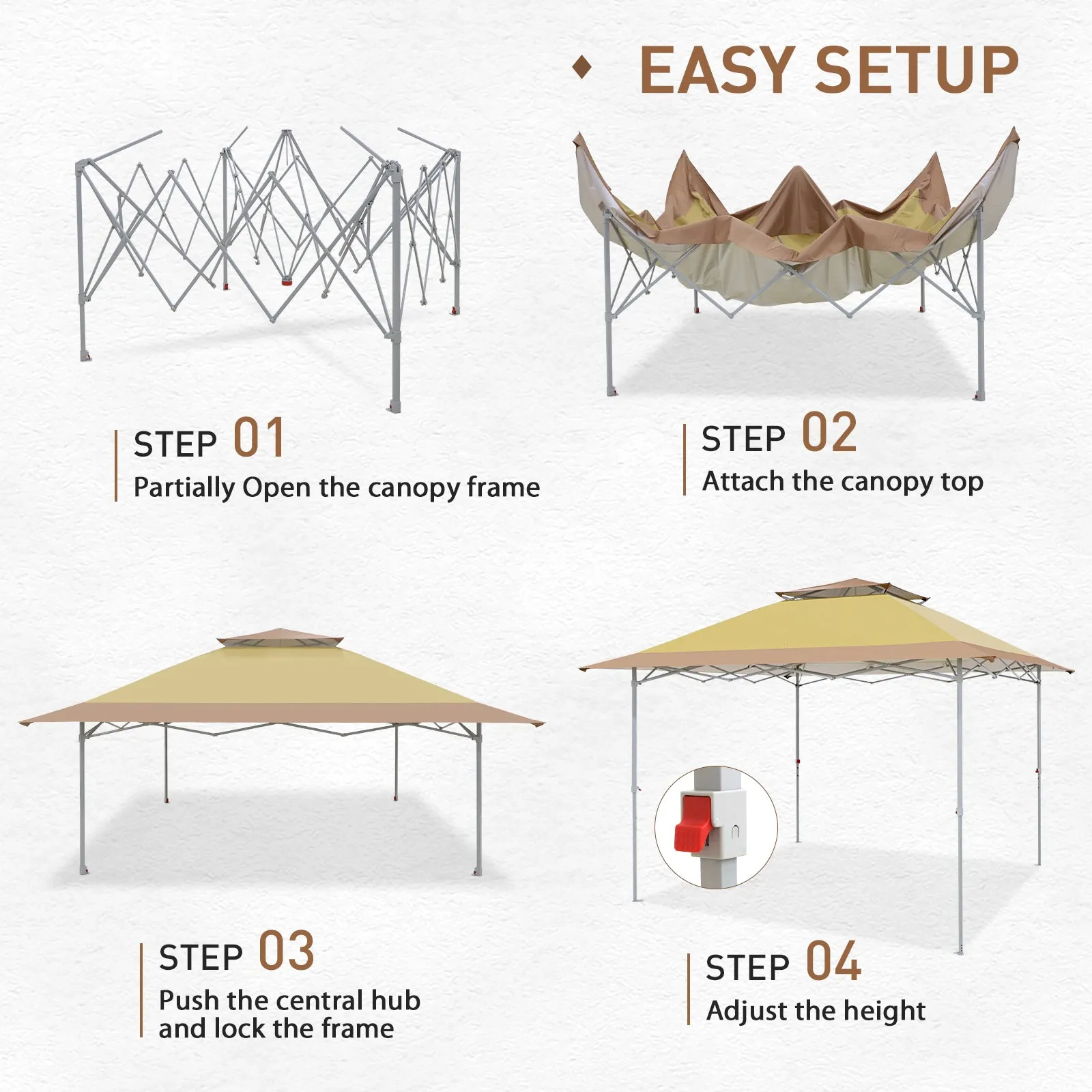 EAGLE PEAK 12x12 Pop up Canopy Tent, Easy Set up Folding Shelter with Auto Extending Awning 144 Square Feet Sun Shade, Beige