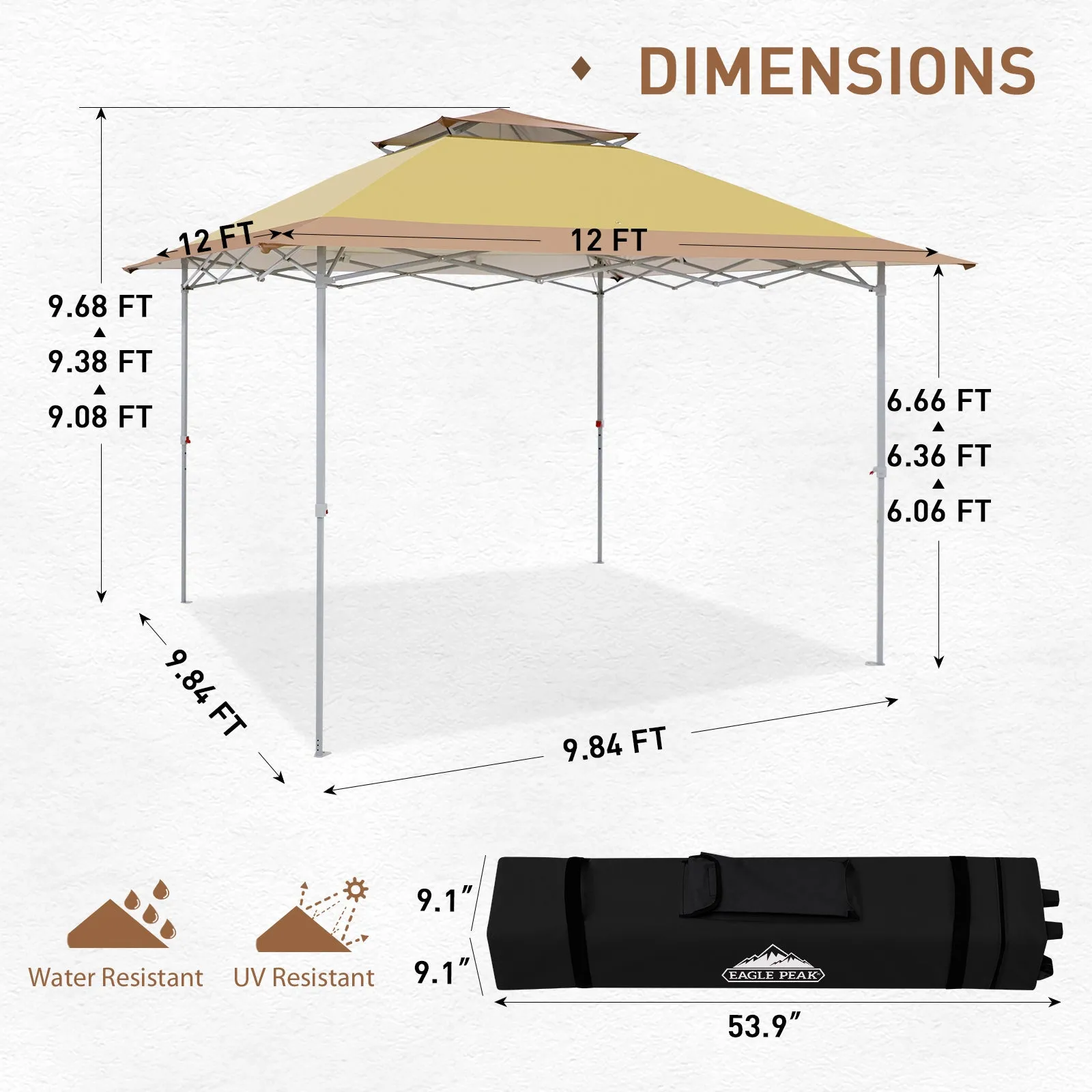 EAGLE PEAK 12x12 Pop up Canopy Tent, Easy Set up Folding Shelter with Auto Extending Awning 144 Square Feet Sun Shade, Beige